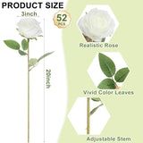 Artificial Roses Bulk White Silk Rose With Stem, 52Pcs Fake Flowers Decoration For Wedding Table Centerpieces Bridal Bouquet Home Decor