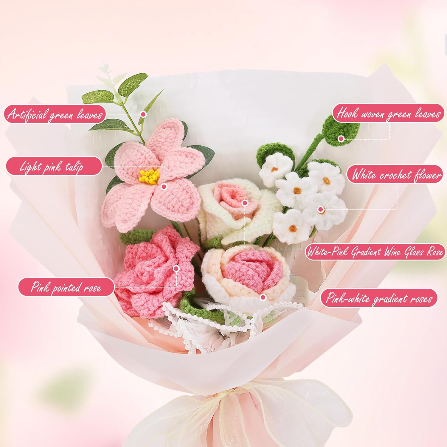 Crochet Flowers Crochet Bouquet Handmade Crochet Rose Bell Orchid Suitable Tulip Fern Leaf As A Gift For Lover, Family,Friends. Artificial Flower Finished Bouquet (Pink)