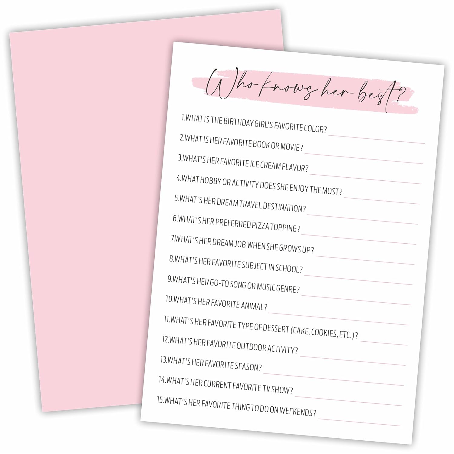Minimalism Birthday Party Game Cards - Who Knows Her Best - 20 Blush Double-Sided Fill In Style Birthday Party Game Cards For Girls, Party Favor & Activities - A01