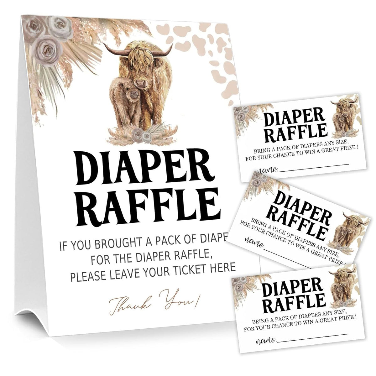 Diaper Raffle Tickets For Baby Shower Game, 1 Standing Sign & 50 Guessing Cards For Baby Shower Party Decoration, Holy Cow, Boho Highland Cow