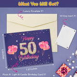 50Th Birthday Cards Pop Up 3D Cake - Fireworks Lights & Music & Blowable Candle Card Funny Happy 50Th Birthday Card Gifts For Women, Men, Mom, Grandma, Wife, Sister, Friend