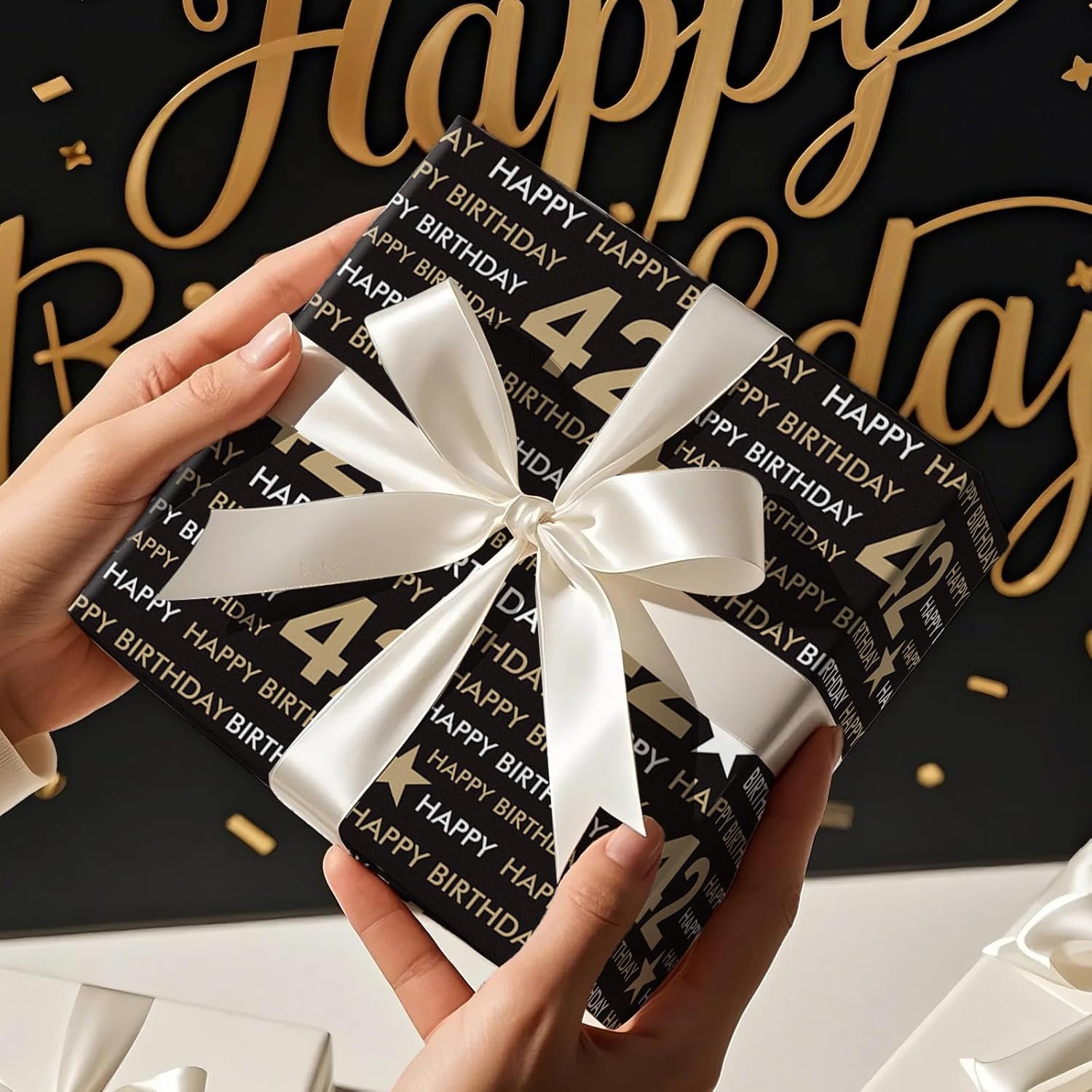 42Nd Birthday Wrapping Paper Roll, Min Roll, Black Gold Design With Stars And Happy Birthday Gift Wrap Paper For Age 42 Men, Women, 42Nd Birthday Party Celebrations, 17 Inches X 16.4 Feet