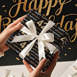 42Nd Birthday Wrapping Paper Roll, Min Roll, Black Gold Design With Stars And Happy Birthday Gift Wrap Paper For Age 42 Men, Women, 42Nd Birthday Party Celebrations, 17 Inches X 16.4 Feet