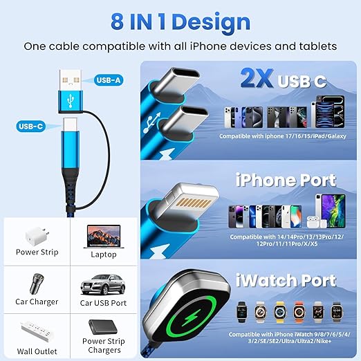 5FT 4 in 2 Multi Charging Cable with Apple Watch Charger USB C Lightning for iPhone Android