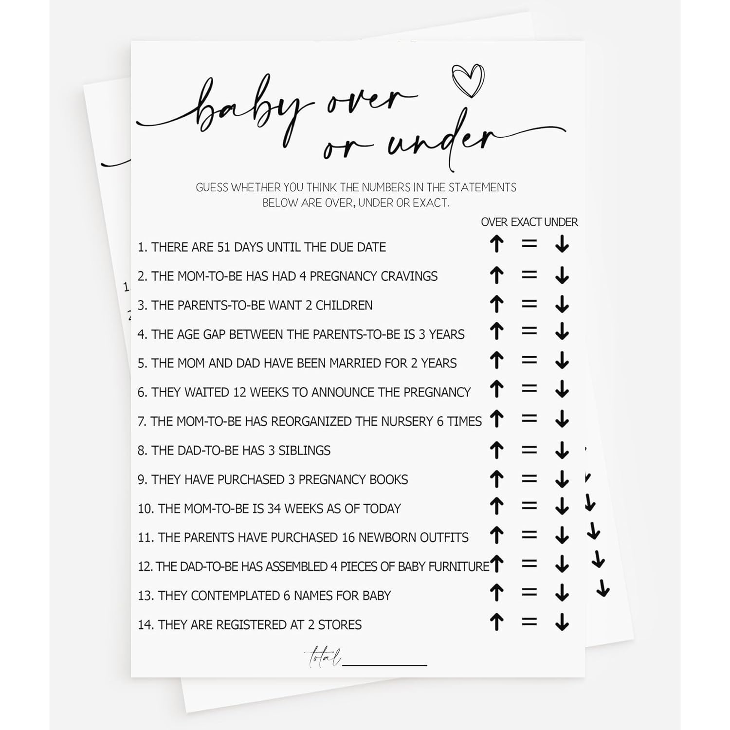 50 Baby Shower Over Under (50-Cards) Fun Baby Shower Game Activity, Gender Neutral Boy Or Girl, Minimalist