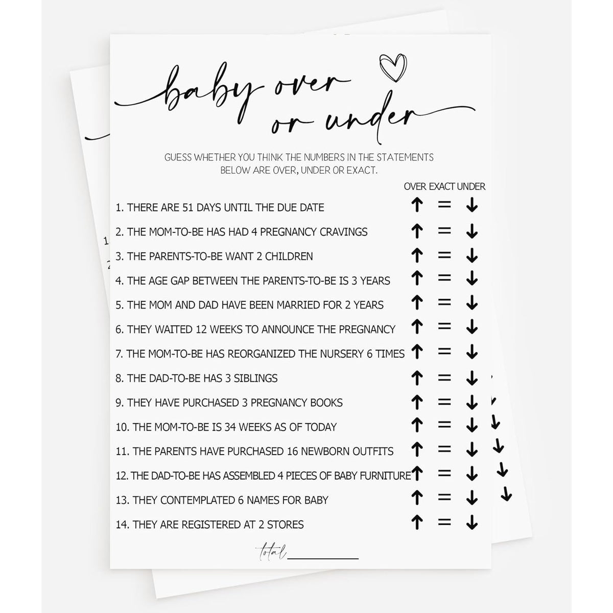 50 Baby Shower Over Under (50-Cards) Fun Baby Shower Game Activity, Gender Neutral Boy Or Girl, Minimalist
