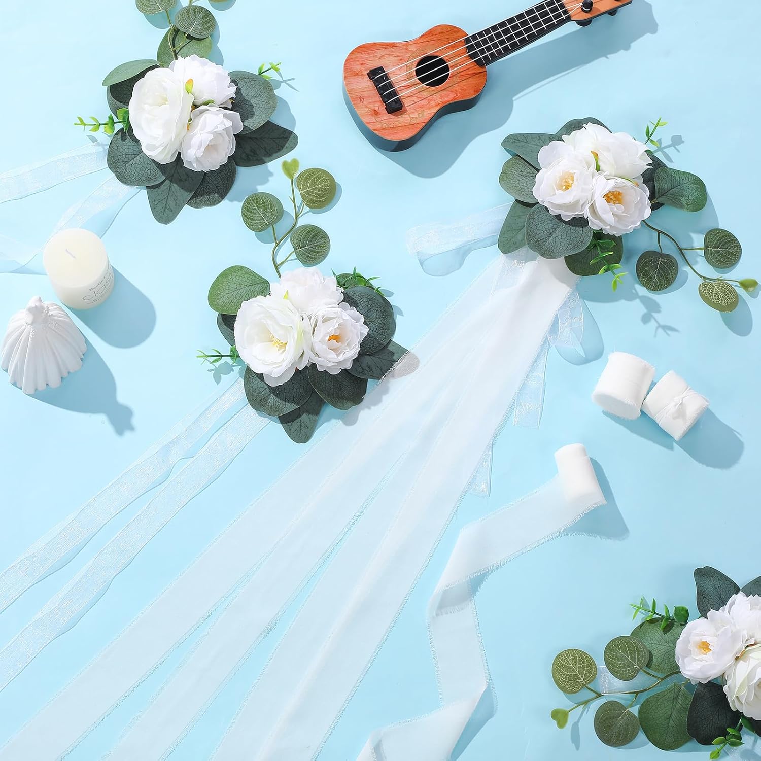 24 Sets Wedding Aisle Decorations For Wedding Ceremony Chair Artificial Roses And Eucalyptus Leaves With White Chiffon Ribbons For Reception Chair Arrangement Church Pew Flowers Decorations