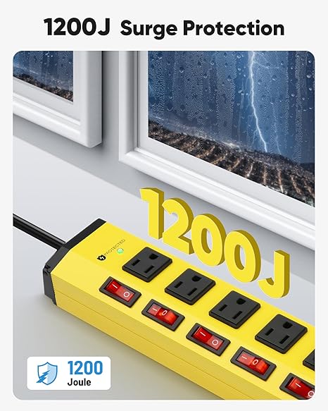 Heavy Duty Metal Surge Protector Power Strip 6 Outlets Individual Switches 1200J 6FT 14AWG Flat Plug