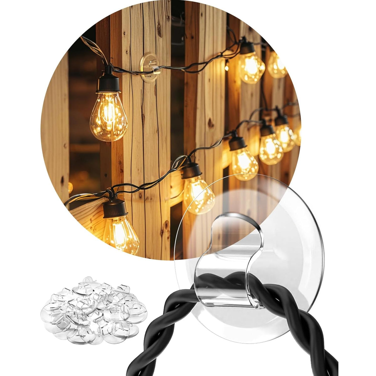 Light Clips For Outside String Lights: 24 Pack Adhesive Hooks For Outdoor String Lights - Outdoor Light Clips For Patio Balcony Fence - Rope Led Light Strip Christmas Decor Hooks