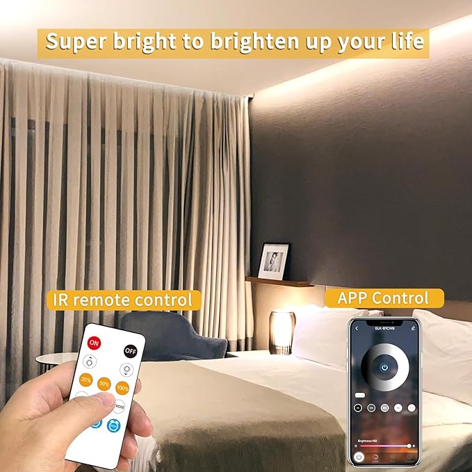 65.6FT 3000K White LED Strip Lights 24V Dimmable Flexible Tape Light with Remote and App Control