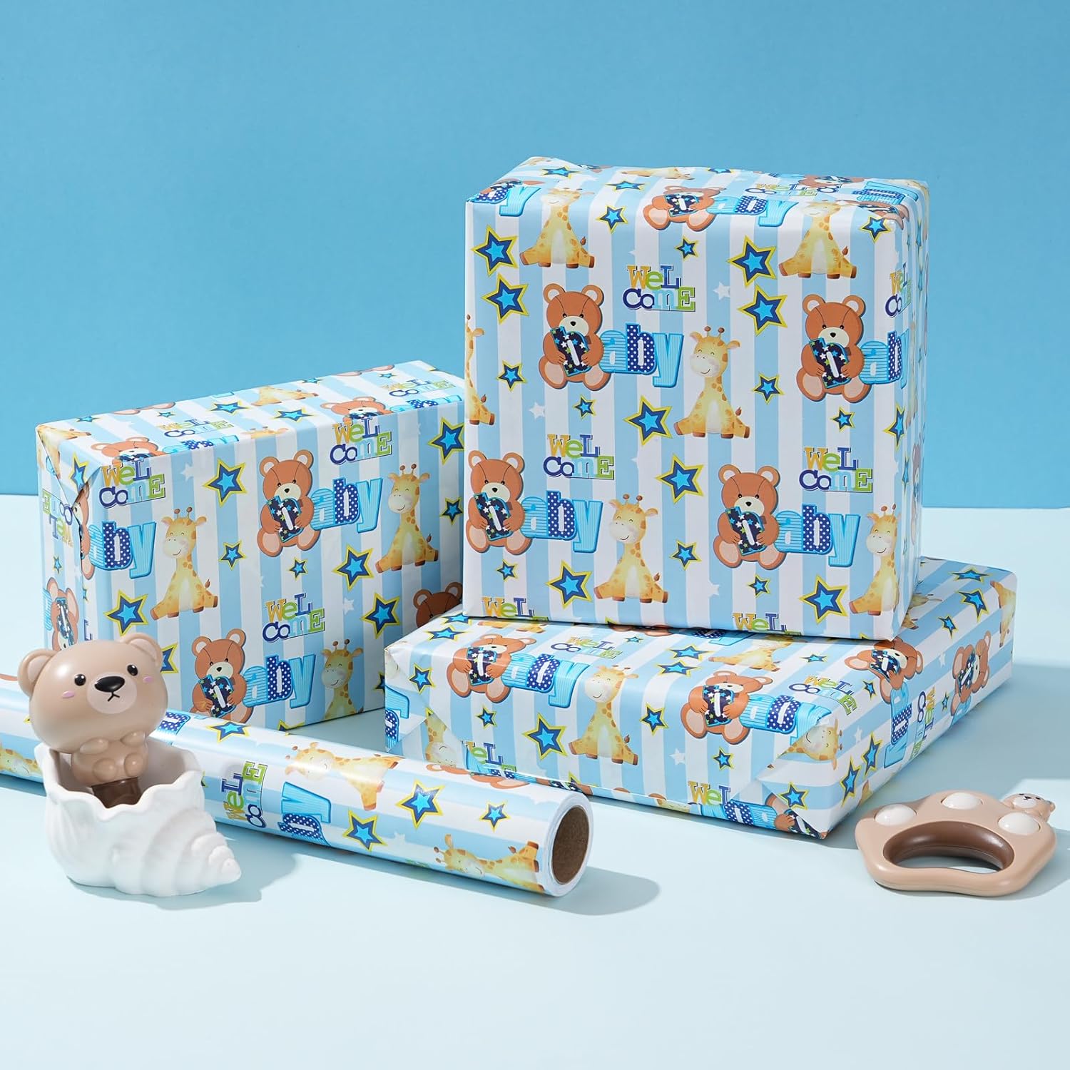 Baby Shower Wrapping Paper Roll - Blue Animal Heart Theme Newborn Gift Wrap Paper For Boy Baby Shower, Children'S Christening, Birthday, New Mommy - 17.5 In X 16.5 Ft?Cut Lines On Back