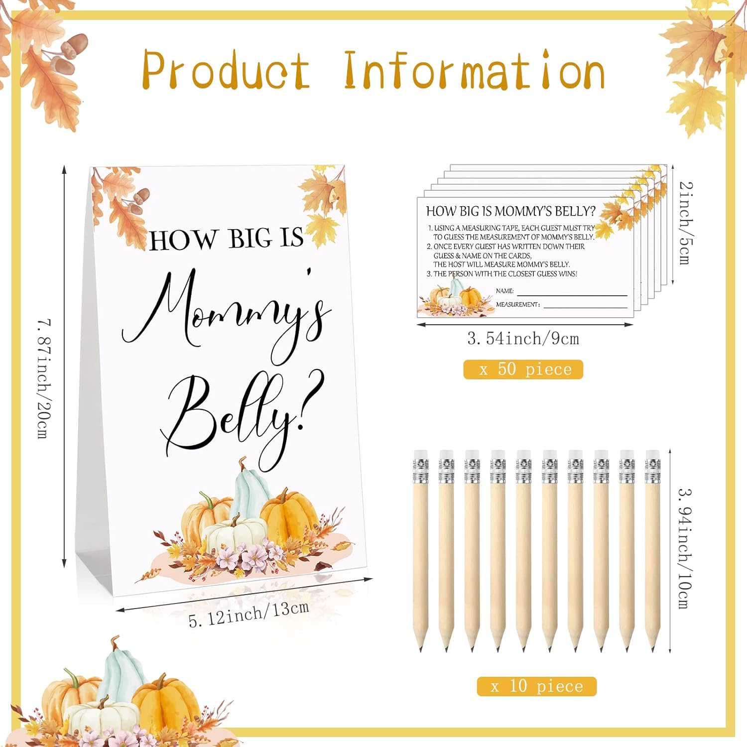 64 Pcs Little Pumpkin Baby Shower Games Include Fall How Big Is Mommy'S Belly Sign And 50 Maple Leaf Guessing Card With 10 Pencils 3 Measuring Tapes For Thanksgiving Event Supplies Baby Shower