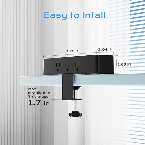 Desk Clamp Power Strip 9 Outlets 8 USB Ports 4 USB C 40W Fast Charging 10FT Extension Cord