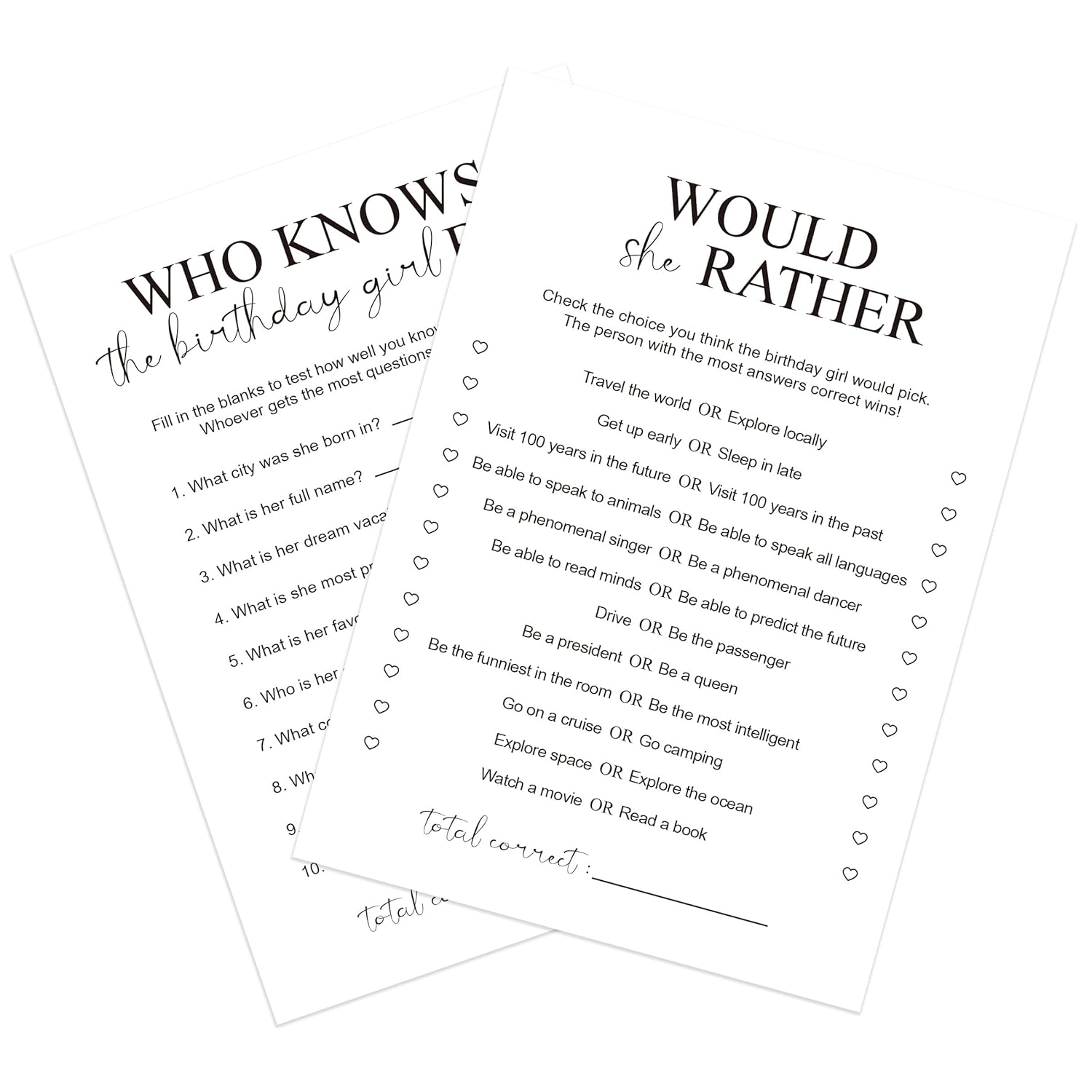 Who Knows The Birthday Gal Best, Would She Rather, 2 Sided Games For Birthday Party, 30 Cards, Btd Decoration-Btdg06