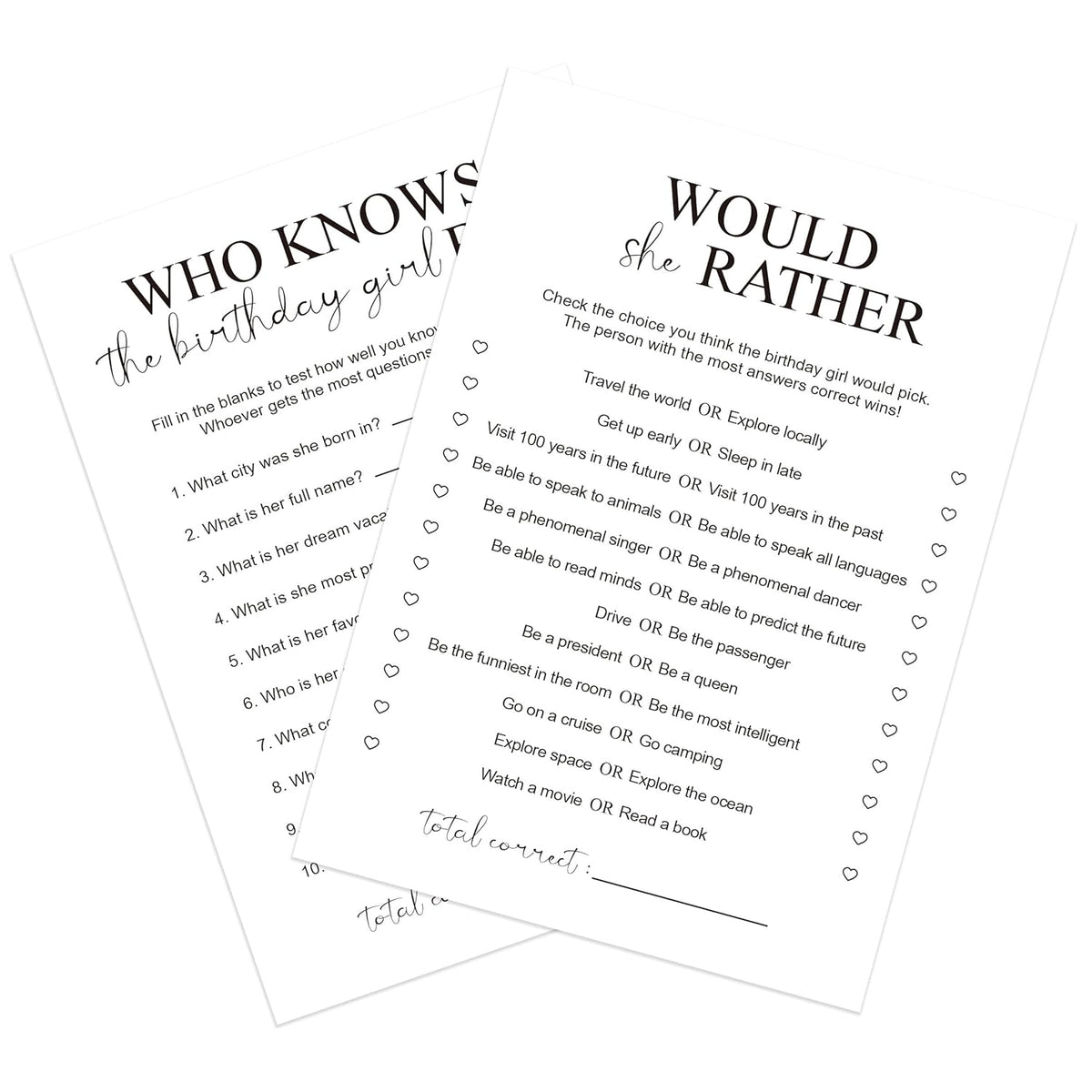 Who Knows The Birthday Gal Best, Would She Rather, 2 Sided Games For Birthday Party, 30 Cards, Btd Decoration-Btdg06