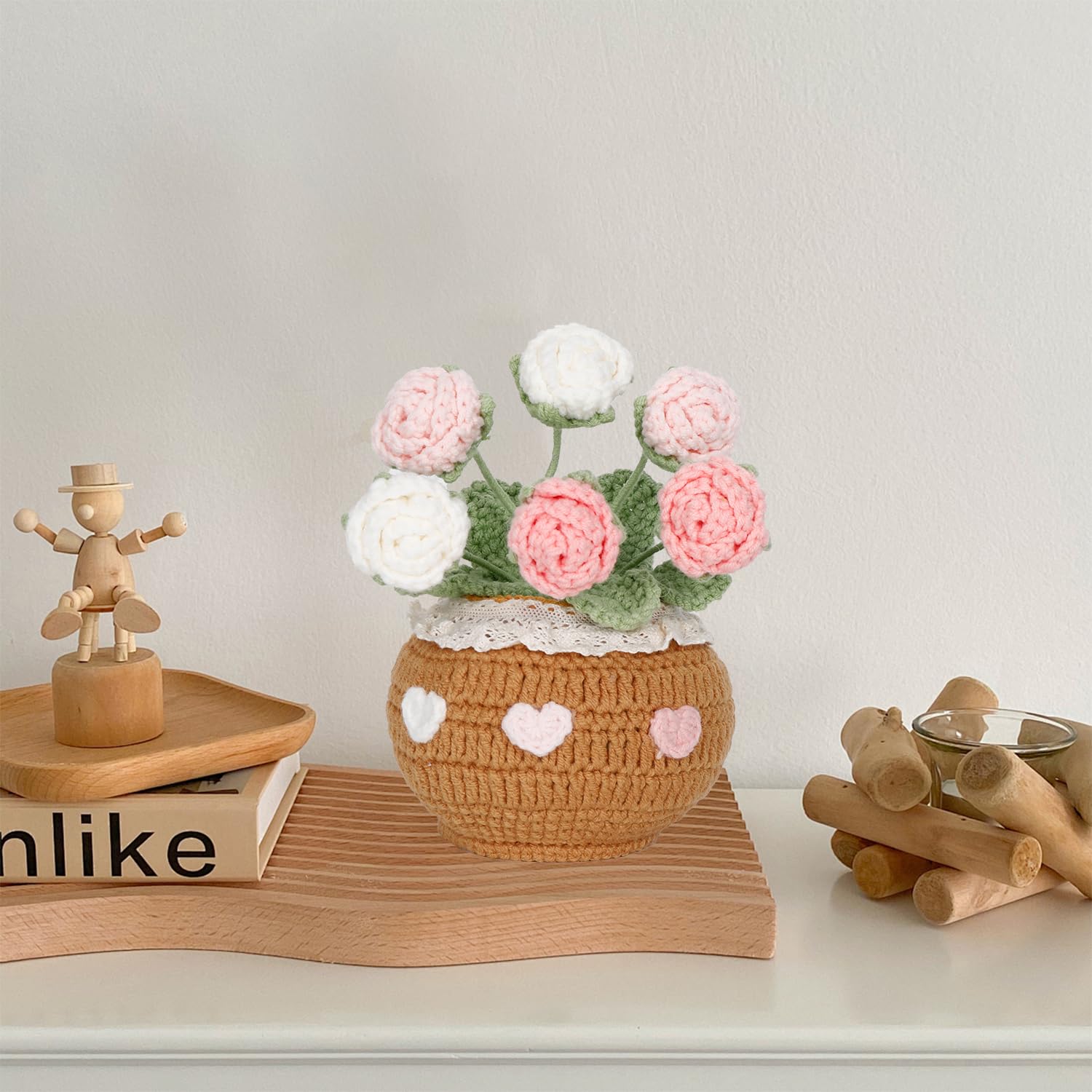 Knitting Crochet Flowers Potted Plants: Artificial Knitted Potted Flowers For Home Office Decoration