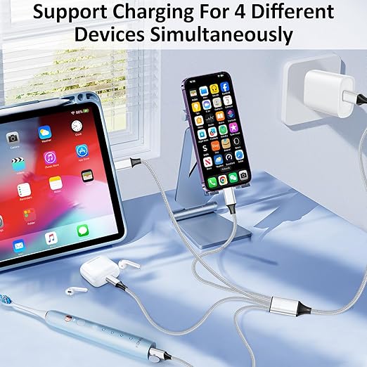 2 Pack 4FT USB C Splitter Multi Charging Cable 4 in 2 Fast Charger Cord for Phones Tablets