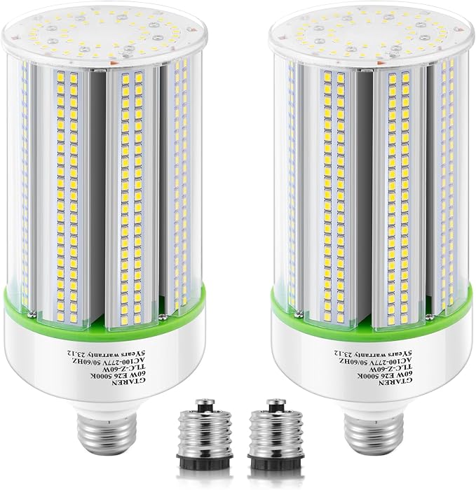 2 Pack 60W LED Corn Light Bulbs 5000K Daylight E26 E39 Base High Bay Warehouse Lighting