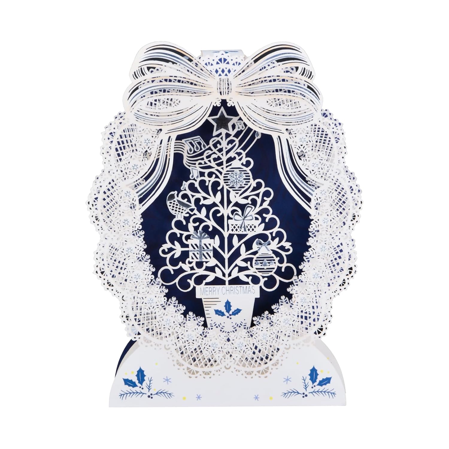 3D Pop-Up Greeting Cards 3D Hollowed Out Paper Carved Christmas Greeting Card, Exquisite And Collectible Christmas Greeting Cards Innovative Wreath + Christmas Tree Style, Suitable For Office Ornaments, Holiday Gifts, Home Decoration (Blue - Wreath)