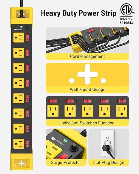 6FT Heavy Duty Metal Power Strip 8 Outlets Individual Switches 1200J Surge Protector