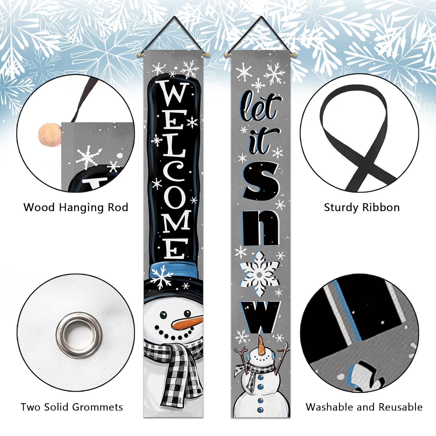 Welcome Winter Snowman Gray Porch Banner Sign, Let It Snow Snowflake Buffalo Plaid Check Door Decorative Hanging Banner Flag, Christmas Holiday Seasonal Decoration Home Outdoor Decor