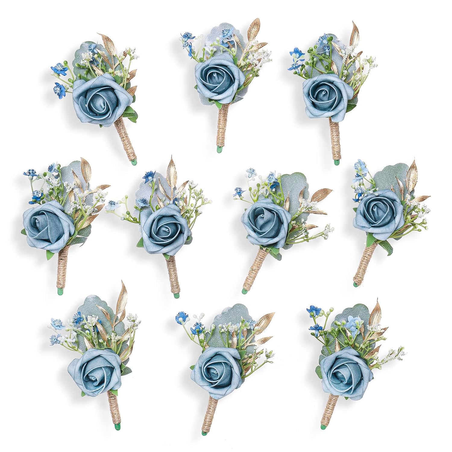 Rose Boutonnieres For Men Wedding Groom And Groomsmen Boutonniere For Rustic Fall Vintage Wedding Prom, Dusty Blue,Set Of 10