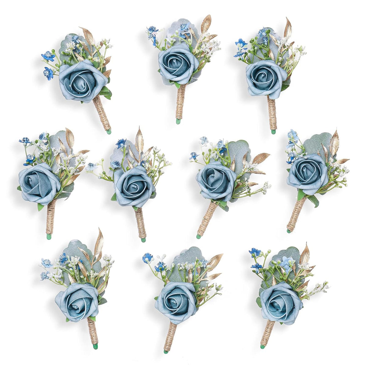 Rose Boutonnieres For Men Wedding Groom And Groomsmen Boutonniere For Rustic Fall Vintage Wedding Prom, Dusty Blue,Set Of 10