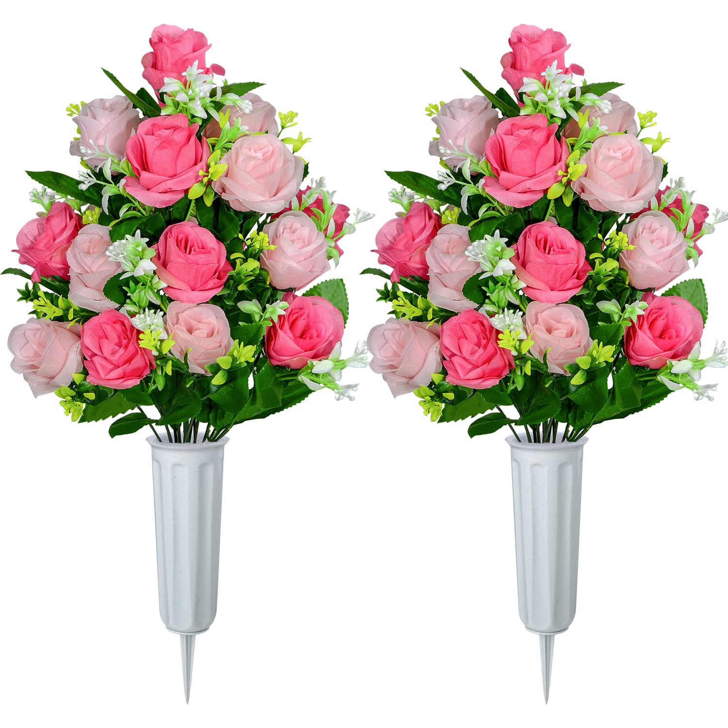 Artificial Cemetery Flowers, Set Of 2 Artificial Rose Bouquet Graveyard Memorial Flowers With Vase For Cemetery Headstones Decoration (Pink-2Pcs)