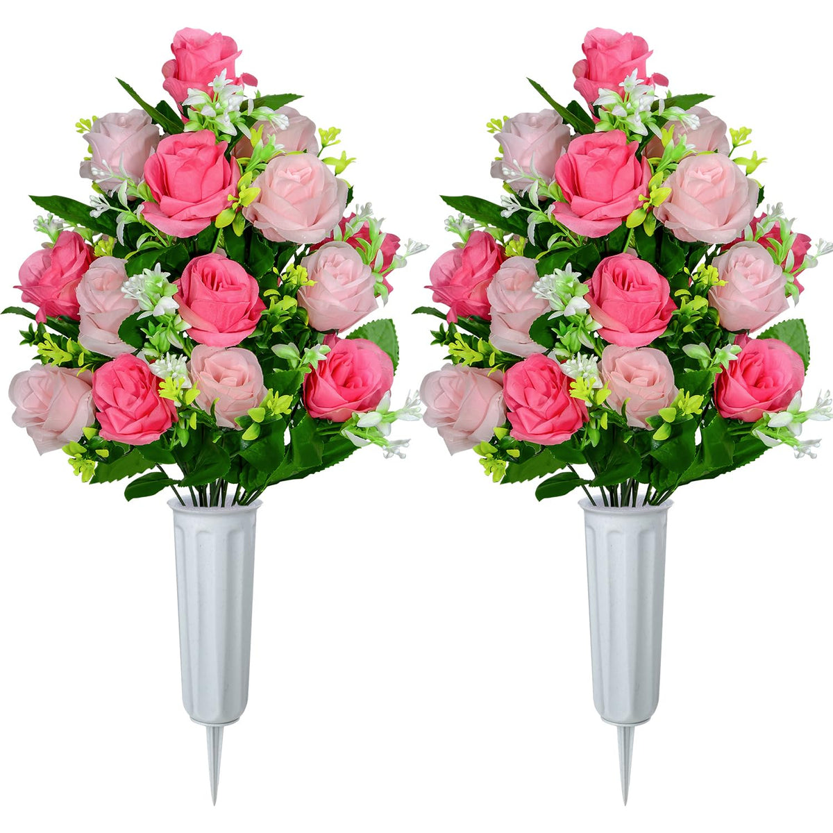 Artificial Cemetery Flowers, Set Of 2 Artificial Rose Bouquet Graveyard Memorial Flowers With Vase For Cemetery Headstones Decoration (Pink-2Pcs)
