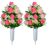 Artificial Cemetery Flowers, Set Of 2 Artificial Rose Bouquet Graveyard Memorial Flowers With Vase For Cemetery Headstones Decoration (Pink-2Pcs)