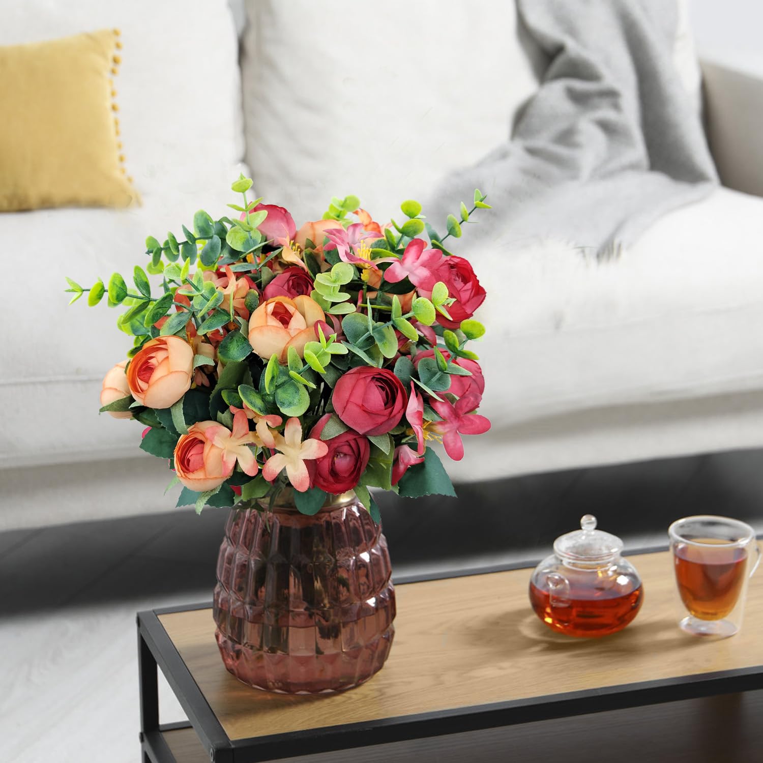 4 Bunches Peony Artificial Flowers Silk Faux Peonies With Plastic Eucalyptus Leaves Fake Bouquets For Home Indoor Outdoors Table Floral Arrangement Decoration (Red And Orange)