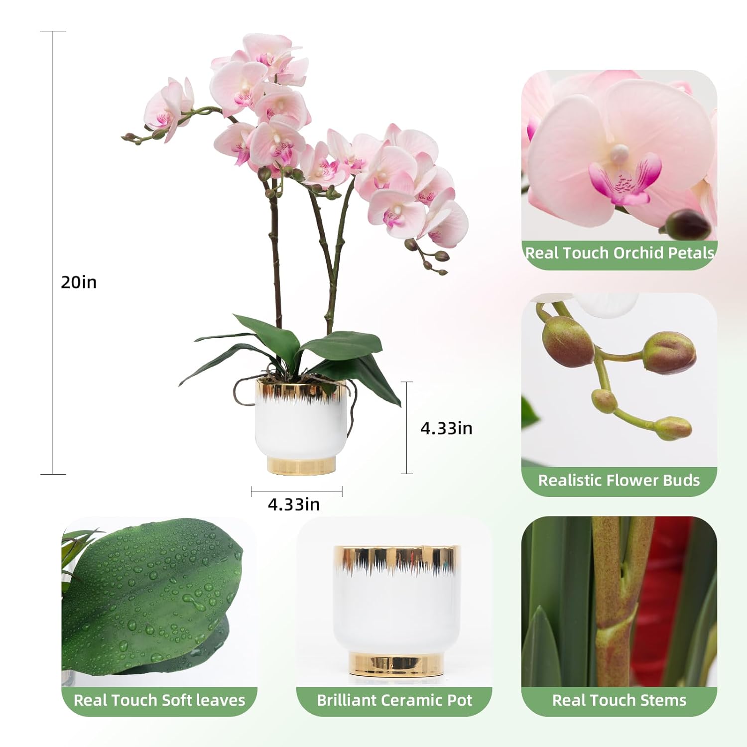Orchids Artificial Flowers Real Touch Fake Flowers In Ceramic Pot 20" Pink Faux Orchid Plant Lifelike Silk Phalaenopsis For Centerpiece Hotel Home Indoor Decor