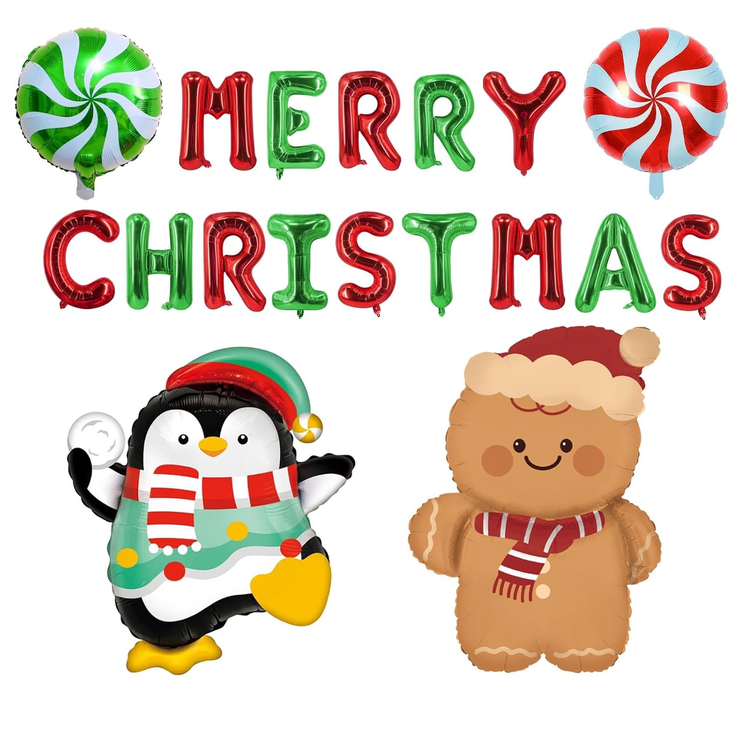 Christmas Foil Balloons Red And Green Merry Christmas Balloons Cute Penguin Candy Lollipop Gingerbread Man Balloon For New Year Themed Party Decorations Xmas Party Supplies Sets-18 Pcs