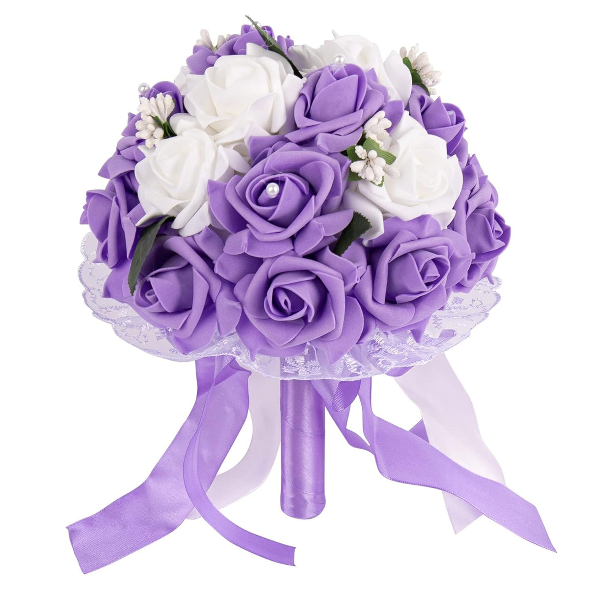, Wedding Bouquets Flower Bridal Bridesmaid Pearl Silk Artificial Rose For Bride Party And Church (Purple)