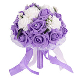 , Wedding Bouquets Flower Bridal Bridesmaid Pearl Silk Artificial Rose For Bride Party And Church (Purple)