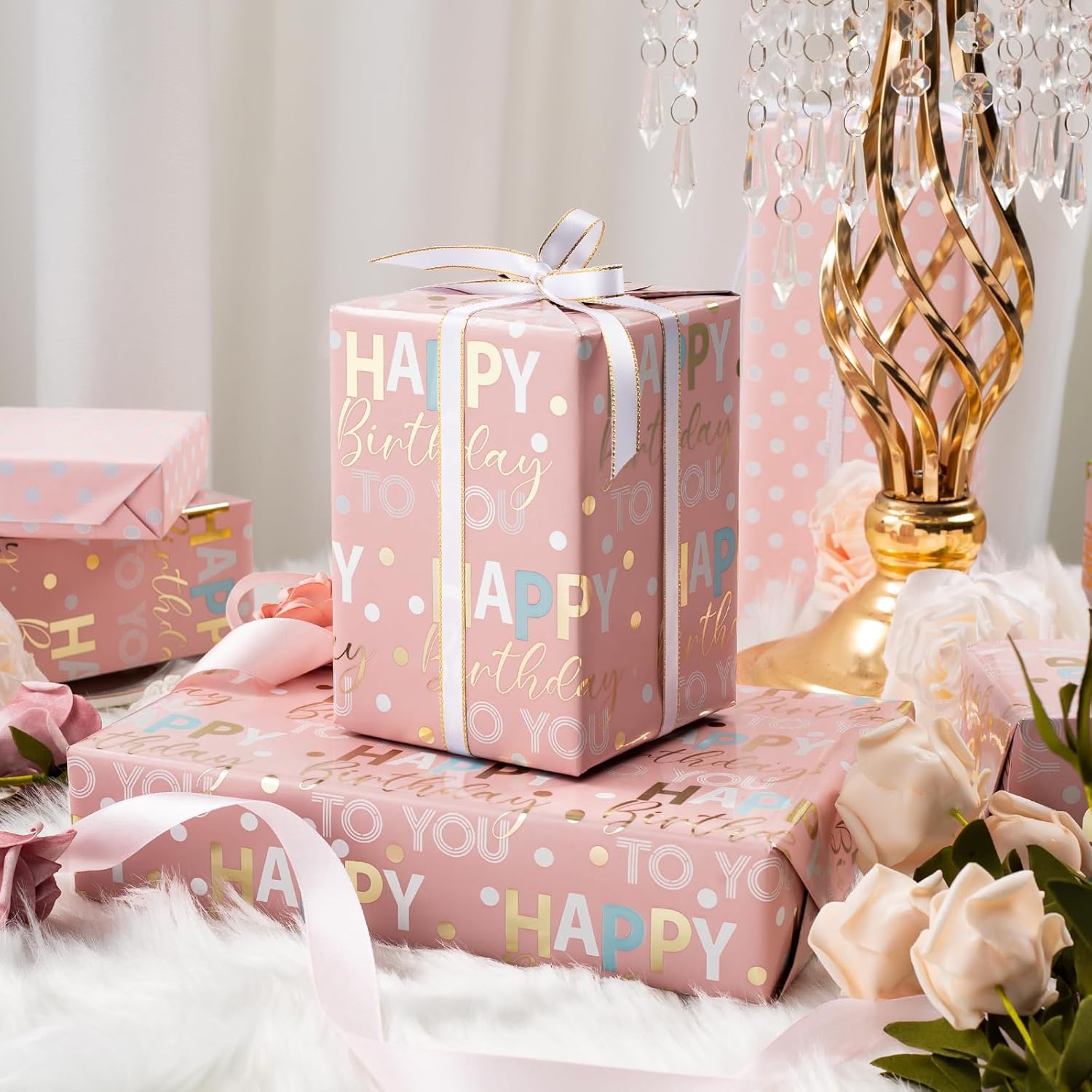 Reversible Pink Birthday Wrapping Paper Roll - 17 Inch X 33 Feet - Glitter Happy Birthday Lettering Metallic Foil Paper Girl Gift Wrap W/Polka Dot For Holiday Party Baby Shower Mother'S Day