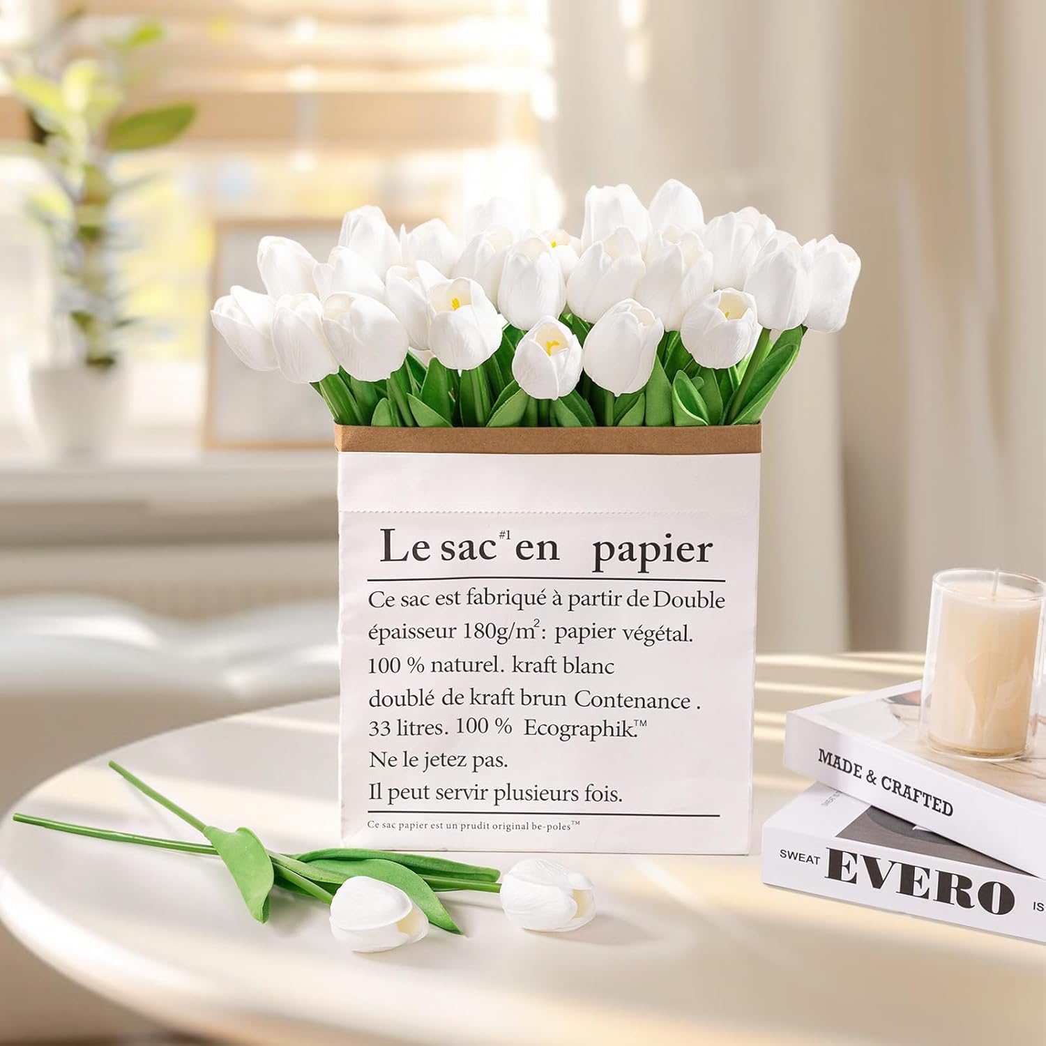 30Pcs Fake Tulips Artificial Flowers With Stems Faux Tulips Bouquet Real Touch Flower For Wedding Home Kitchen Spring Easter Mother'S Day Floral Arrangement Decor (White)
