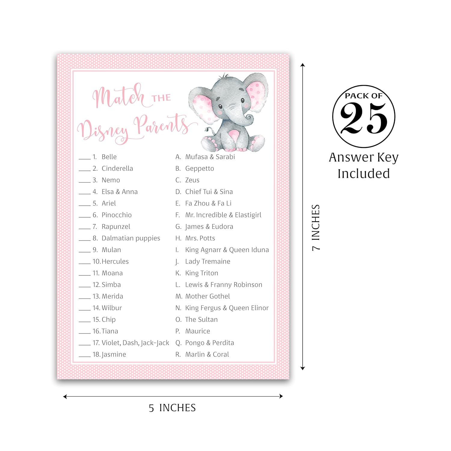 Girl Baby Shower Game — Cartoon Parent Match Baby Shower Game — Pack Of 25 — Pink Elephant Match Famous Cartoon Parents Fun Shower Activity, Star Kids Match Game Little Peanut Couples Shower G500-Dpm