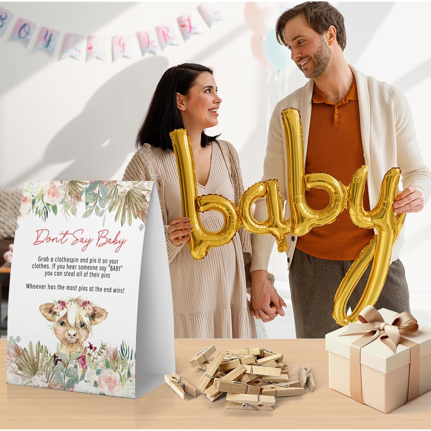Don'T Say Baby Baby Shower Game, Girl Country Baby Shower Decoration, Highland Cow Don'T Say Baby Sign, Fun Baby Shower Games, Clothespins For Baby Shower-Dsba15