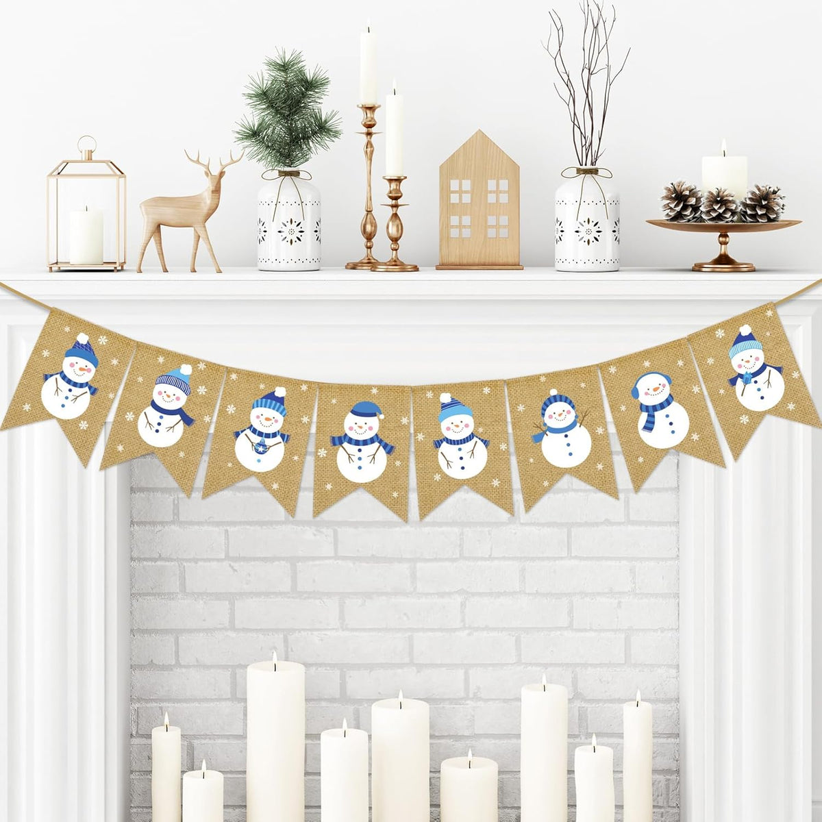 Winter Burlap Banner Blue White Snowman Snowflake Pre-Assembled Bunting Garland For Christmas Winter Holiday Party Hanging Decorations