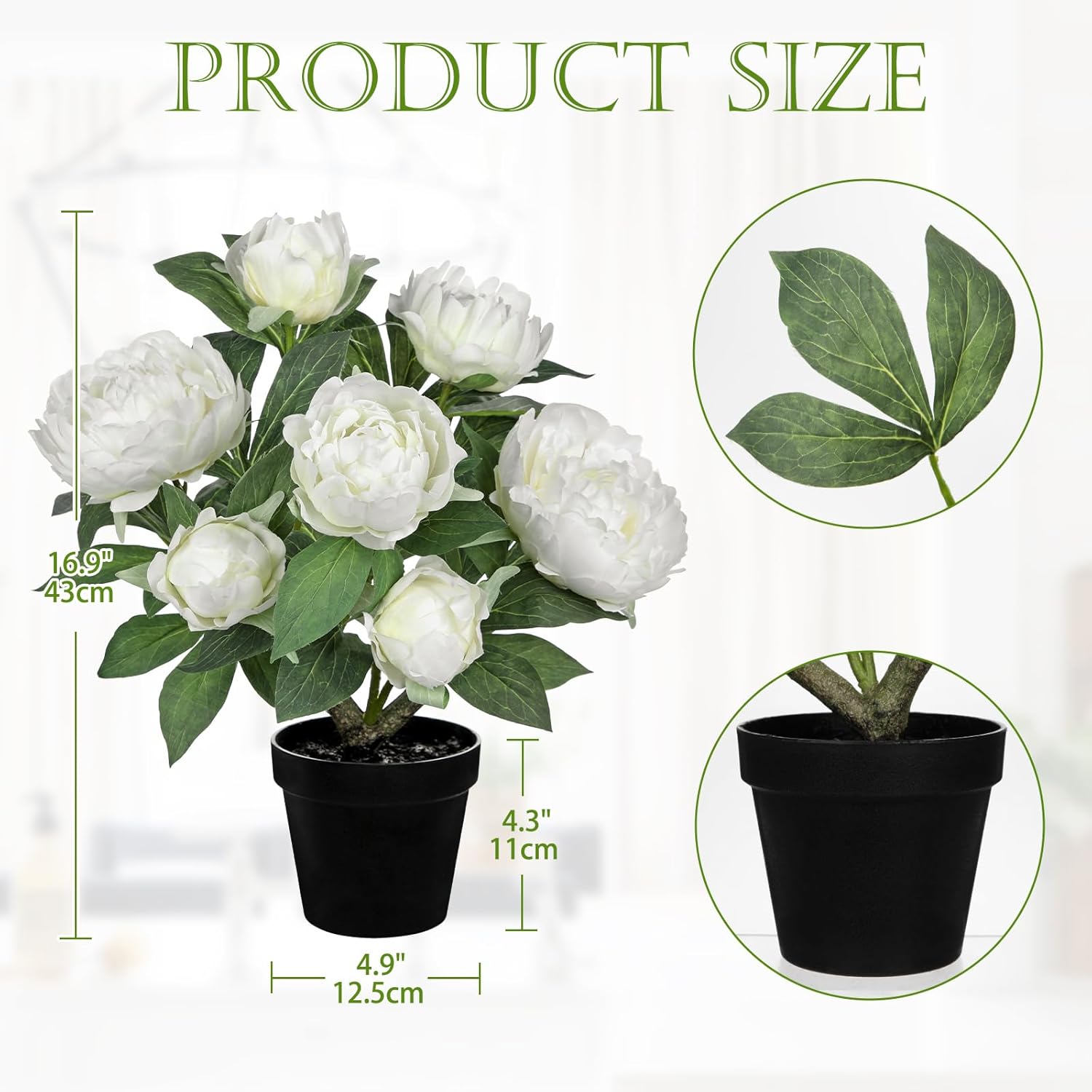 White Fake Peonies Artificial Flowers In Pot 16.9" Small Peonies Tree Indoor Outdoor Faux Plants & Flowers Peony Silk Flowers Potted Plant Artificial Peony Floral Arrangement Desk Home Decor