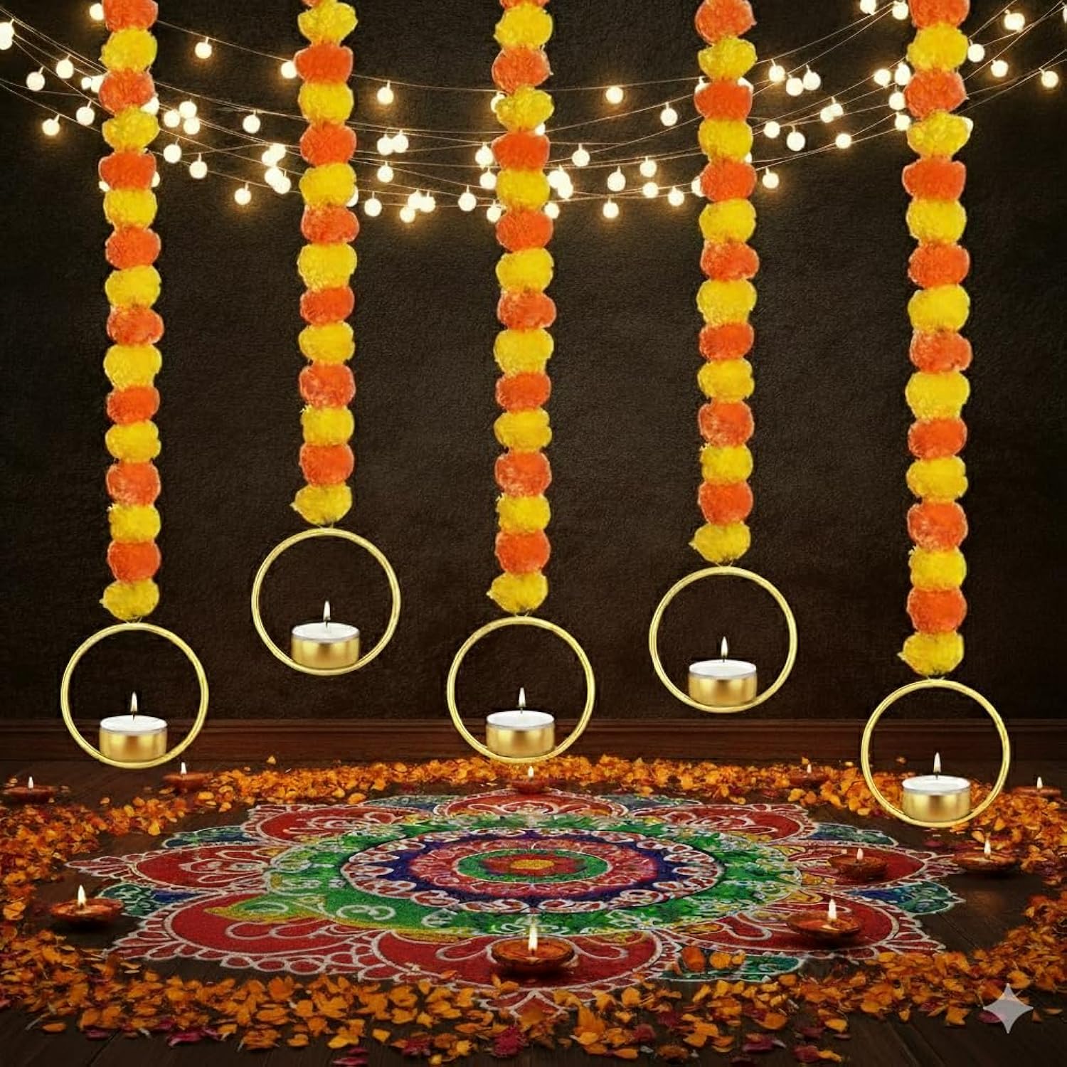 Marigold Garland For Decoration 5 Pcs Artificial Marigold Flowers, Indian Décor For Pooja, Diwali, Rangoli, Wedding, Christmas Decorations For Home (Ring, 50")