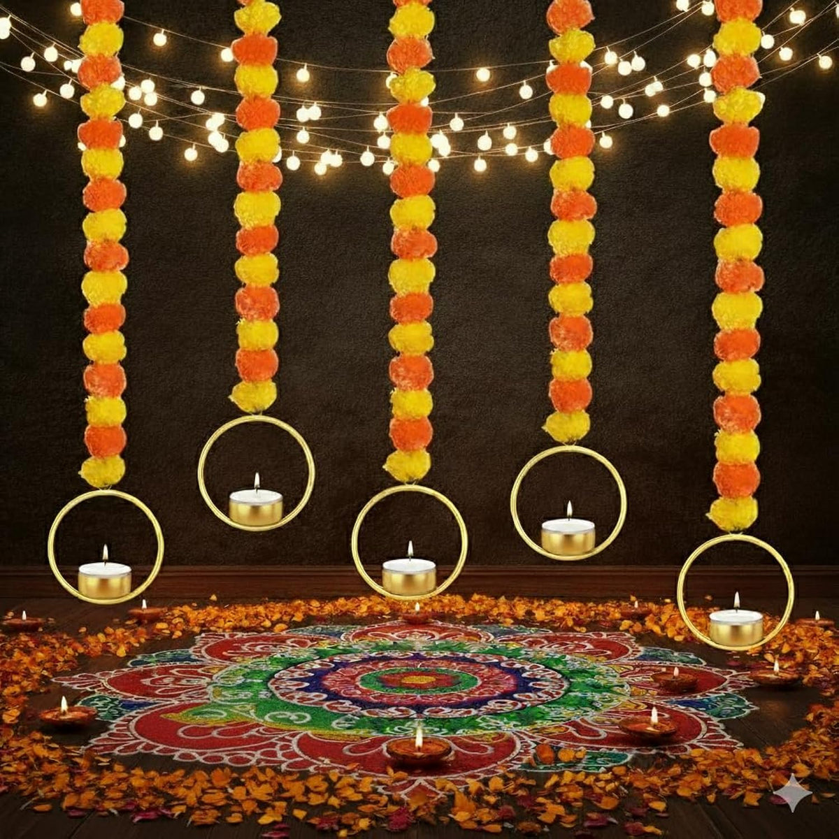 Marigold Garland For Decoration 5 Pcs Artificial Marigold Flowers, Indian Décor For Pooja, Diwali, Rangoli, Wedding, Christmas Decorations For Home (Ring, 50")