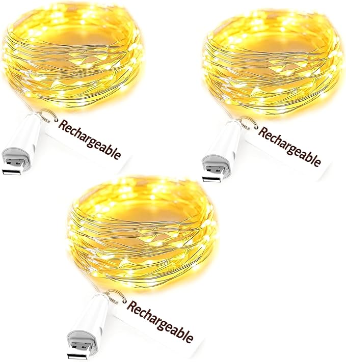 3 Pack USB Rechargeable Fairy Lights 7FT 20 LED Warm White Battery Operated String Lights for Bedroom Mason Jars Wedding Table Centerpieces Christmas Party Decor