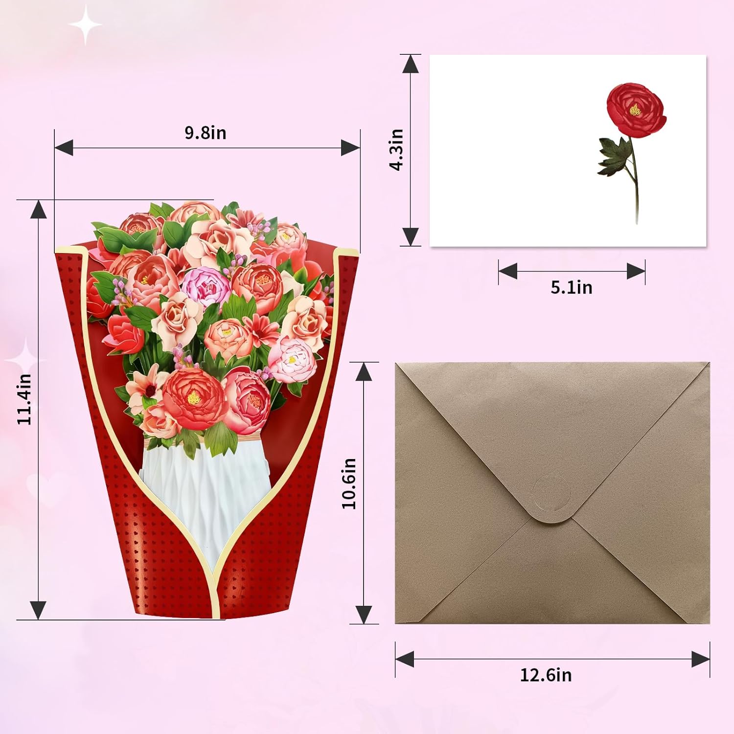 Pop Up Birthday Cards For Women, Peony Bouquet Paper Flowers 11.4 Inch 3D Pop-Up Bouquet Greeting Cards With Blank Mini Note & Kraft Envelope For Wife, Mom, Friend