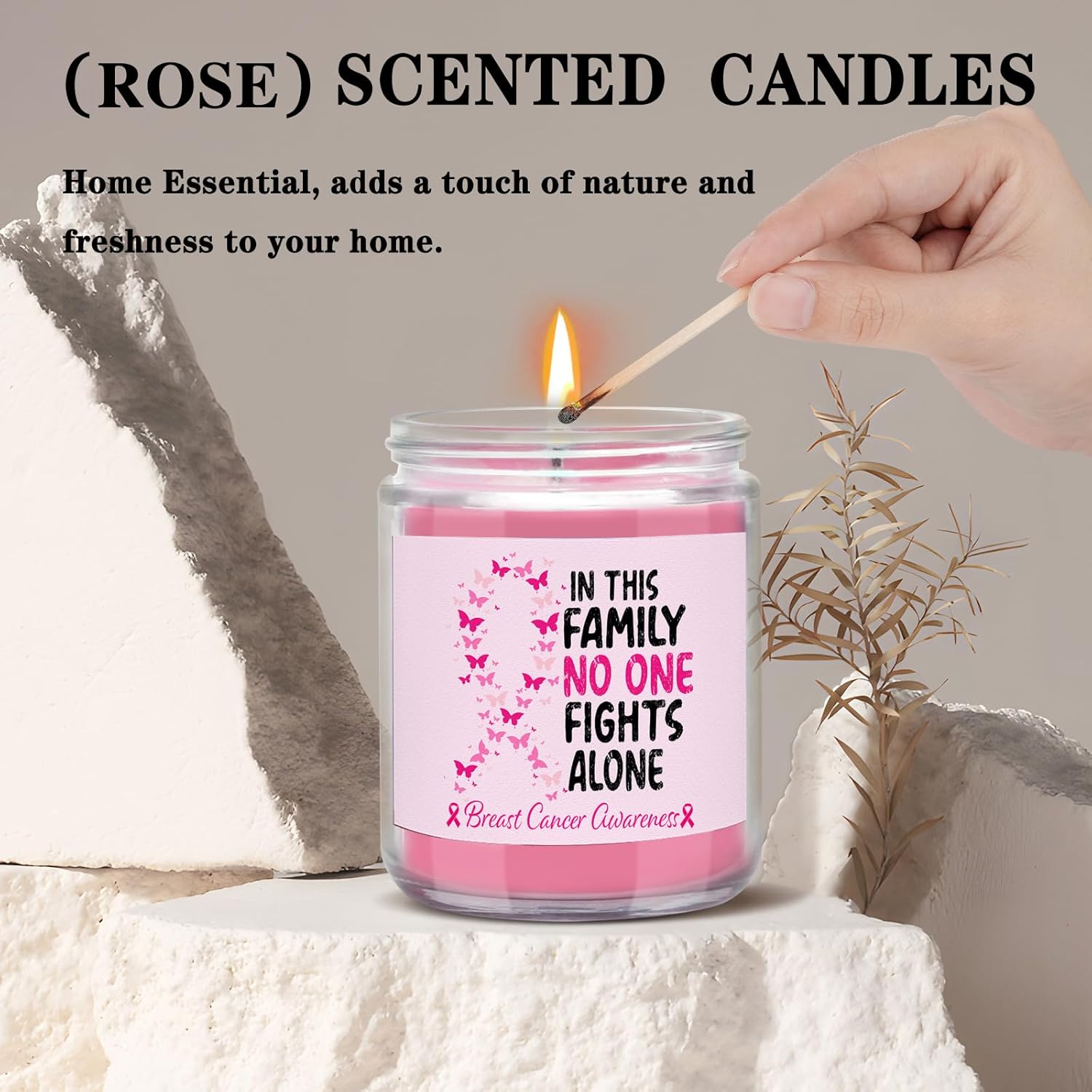 Breast Cancer Awareness Gift For Women Pink Ribbon 7Oz Scented Candle Breast Cancer Rose Scented Candle Breast Cancer Survivor Gifts (Candle-In This Family)