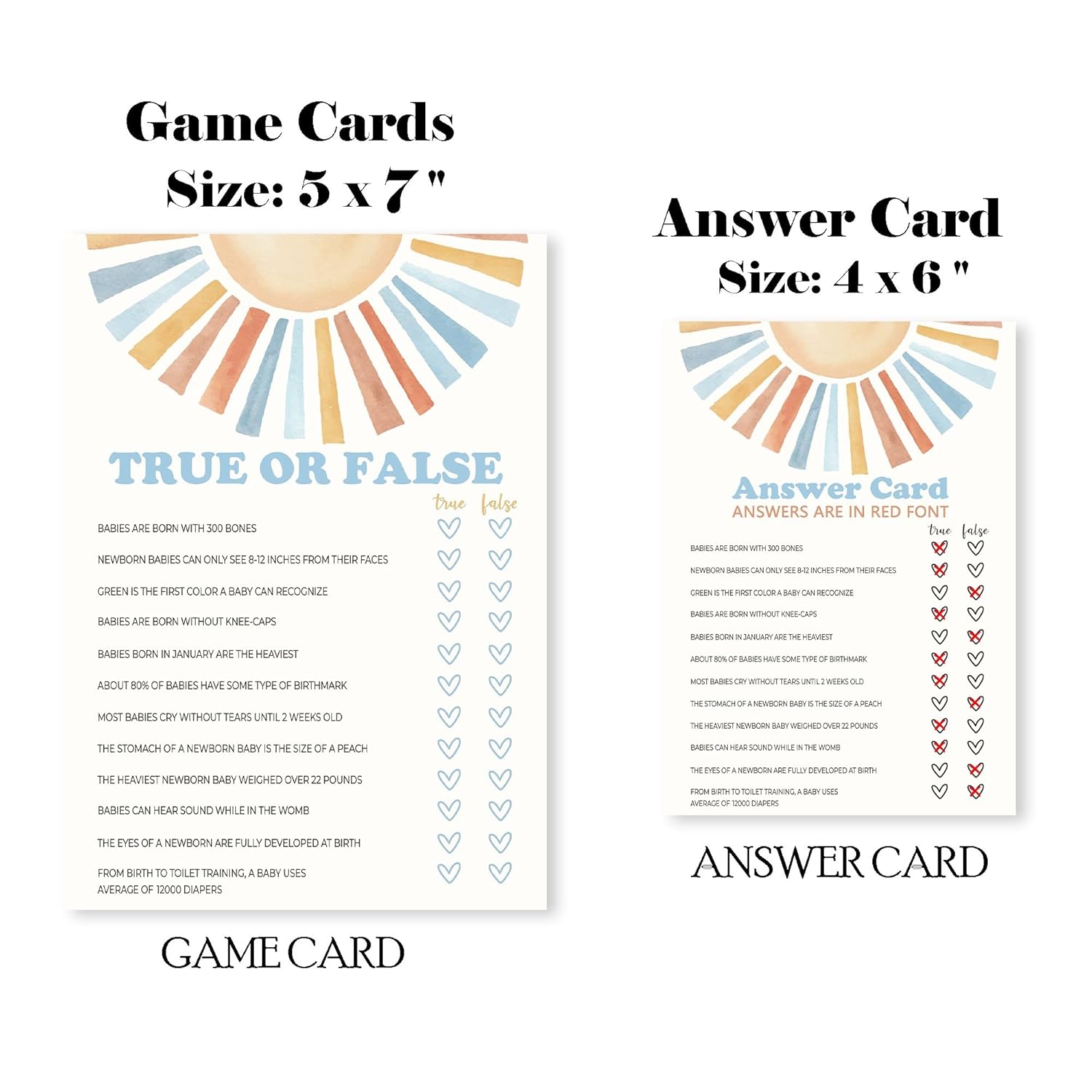 Sunshine Fill In Baby Shower Game Cards - Here Comes The Son - True Or False Game For Boys - Baby Announcement Gender Reveal Baby Shower Party Activities For New Parents To Be - A09