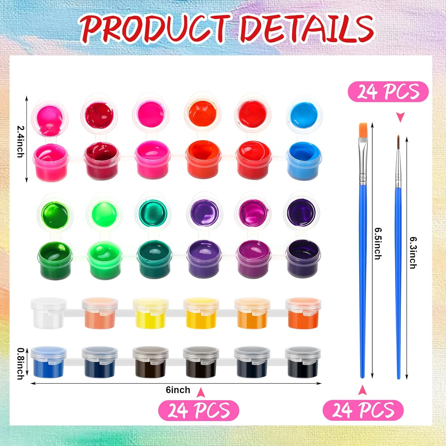24 Set 24 Colors Mini Acrylic Paint Kit For Craft 624 Pcs Washable Acrylic Paint Set Paints Strips For Party Painting Supplies 48 Brushes