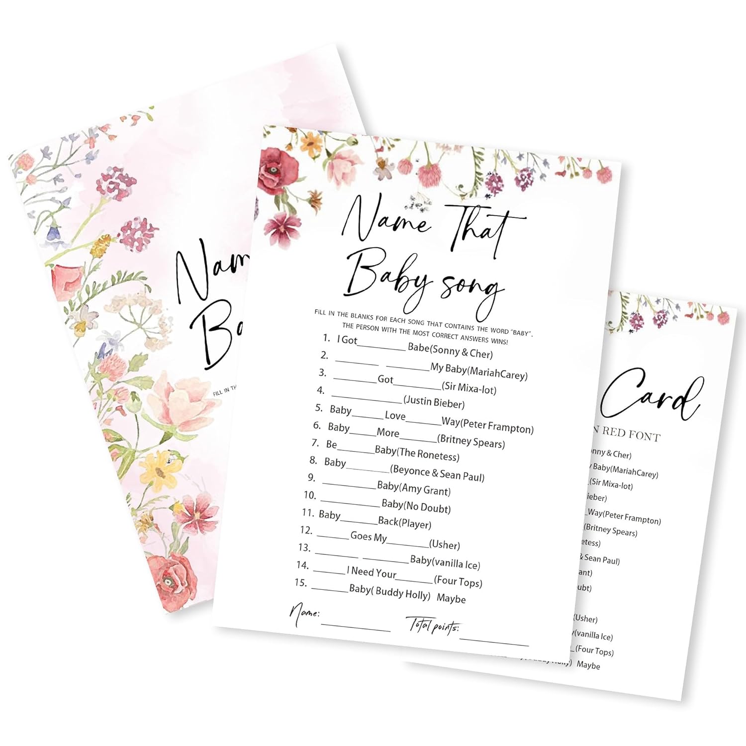 Floral Fill In Baby Shower Game Cards - Name That Baby Song Game For Boys & Girls - Watercolor Flowers Gender Reveal Party Activities For New Parents To Be - B08