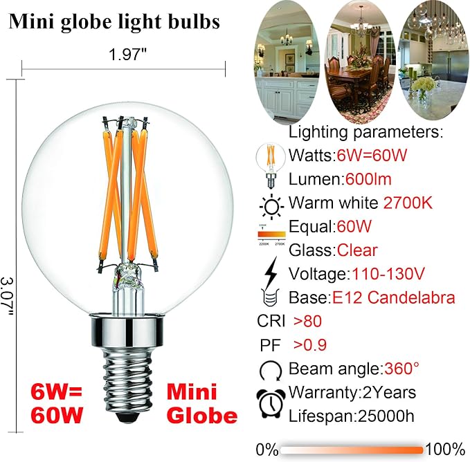 6 Pack E12 G16.5 LED Globe Bulbs 6W 60W Equivalent Dimmable 2700K Warm White 600 Lumens